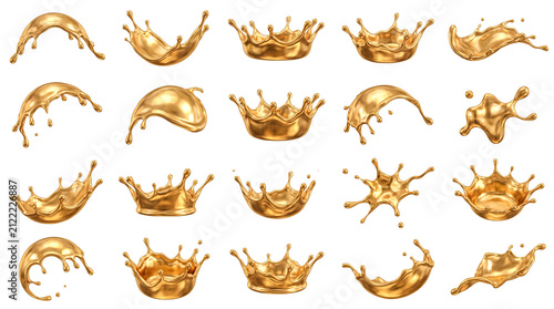 Shiny gold liquid splashes and crown shapes on white background
