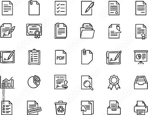 Document and office paperwork line icons set for business administration with documents paperwork business contracts