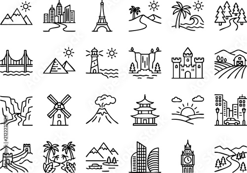 World landmarks and travel destination line icons with landmarks destinations architecture monuments mountain
