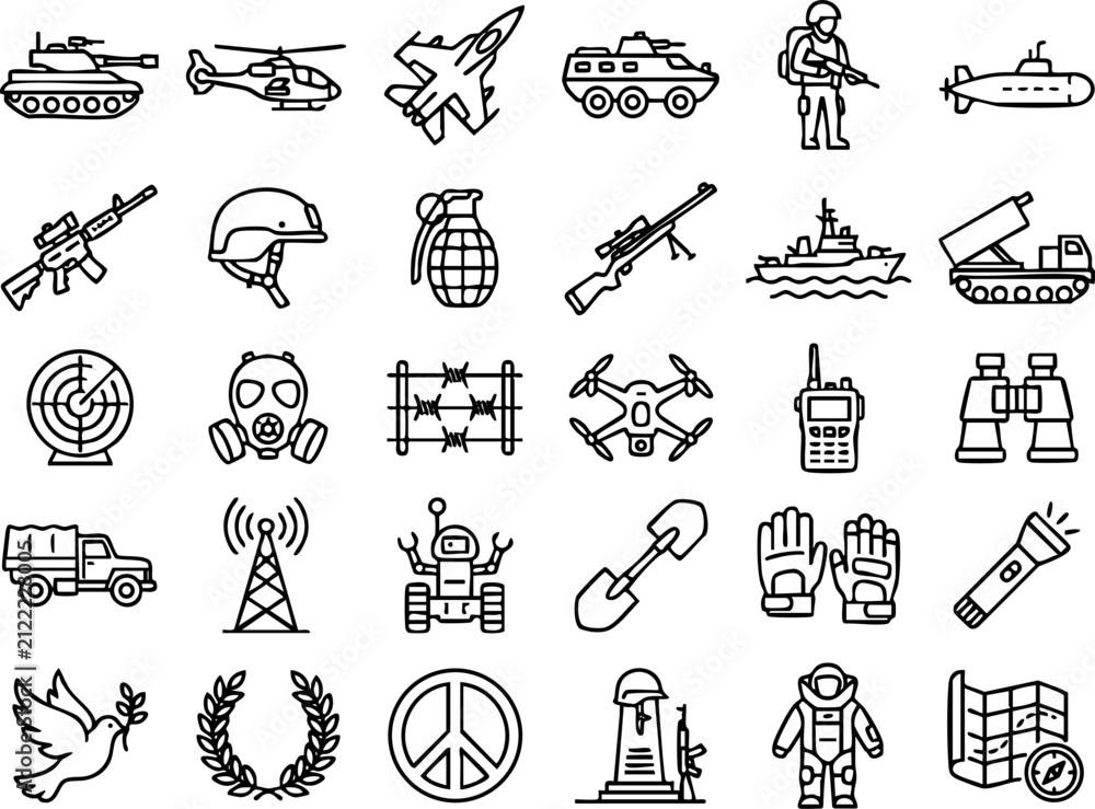 Obraz premium Military and army equipment line icon set for defense operations with military helicopter tactical protection