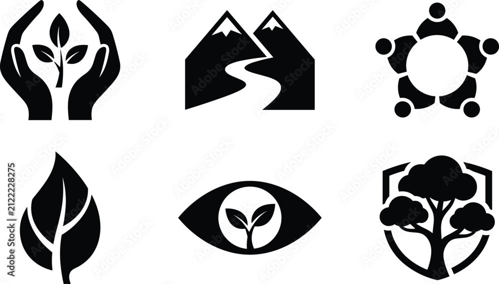 Fototapeta premium Black eco conservation icons set featuring hands holding plant, mountains path, teamwork circle, leaf, eye with plant, and tree shield illustration