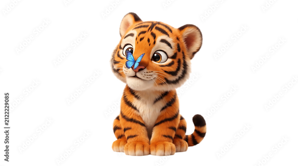 Obraz premium A cute cartoon tiger cub sitting with a small blue butterfly on its nose presented as an isolated on transparent background