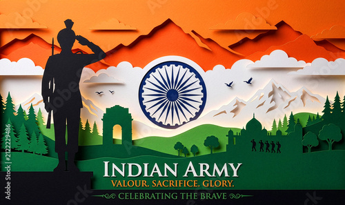 Paper cut style art of a saluting Indian Army soldier silhouette with Ashoka Chakra in tricolor theme