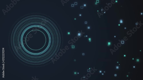 Abstract animation with turning circles of many small dots sending out small glowing squares of light spreading around dark digital space.