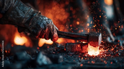 Blacksmith hand holding tongs with glowing hot metal forging in workshop