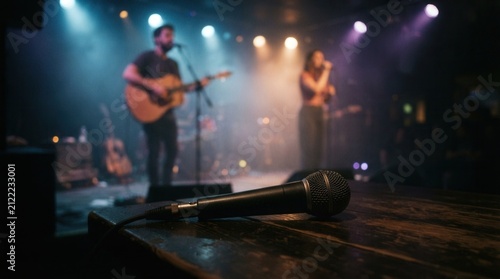 Microphone on Stage with Blurred Rock Band in Background: Concert Performance Atmosphere floor