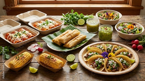 Assorted mexican food feast with tacos tamales corn and salad on a rustic wooden table. mexican takeout
