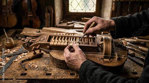 Craftsman meticulously assembling a hurdy gurdy musical instrument.