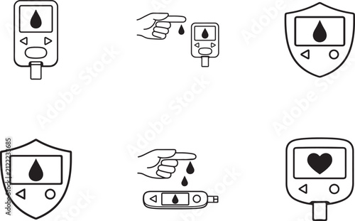 Bild auf Leinwand Glucometer icon set for blood sugar monitoring, editable stroke vector symbols on white background