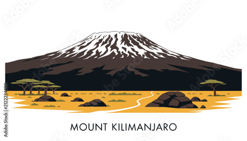Very beautiful realistic vector illustration of Mount Kilimanjaro with snow-capped summit, African plains, centered caption below illustration: 