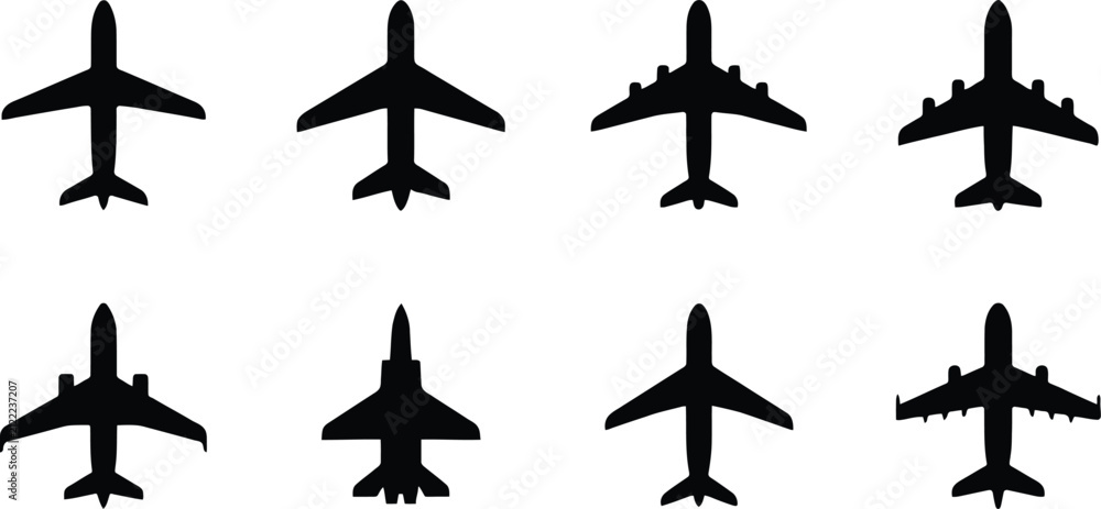 Fototapeta premium A collection of black airplane silhouettes showing various commercial and military aircraft designs on a white background