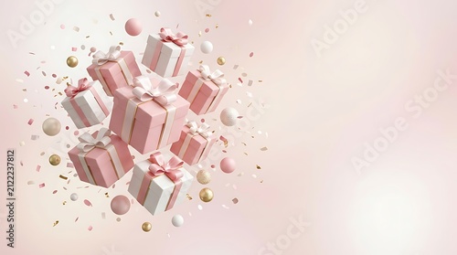 Festive composition of floating gift boxes with ribbons and decorative confetti on a soft pastel pink background with copy space for holiday design