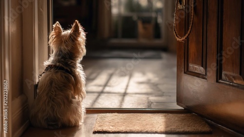 Cute dog waiting by the open front door inside a house Pet Animal Canine