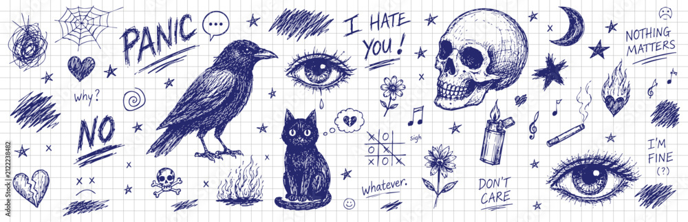 Naklejka premium Blue vintage sketch doodle collection with mystical symbols and hand drawn illustrations. Artistic notebook sketches, fantasy icons and creative vector elements.
