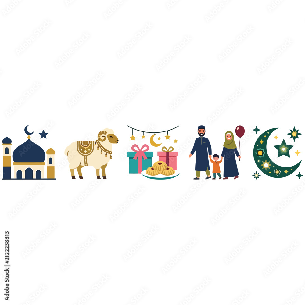 Fototapeta premium Islamic eid celebration icons and traditional symbols with celebration, crescent