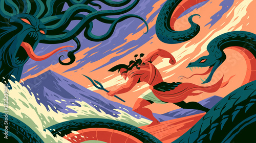 Dramatic mythological illustration of the formidable Gorgon Medusa, with her iconic snake hair, menacingly pursuing a brave heroic figure across crashing waves and rugged mountains,