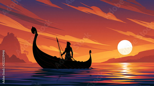 Epic journey illustration of the legendary Greek hero Odysseus, sailing his ancient ship across a calm, reflective sea under a dramatic, vibrant sunset sky, with distant land and the sun's