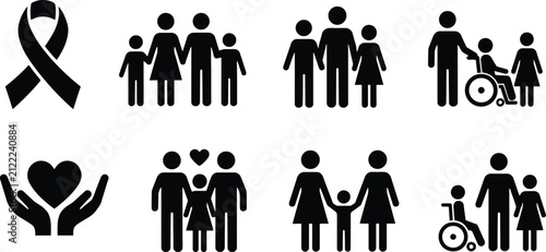 Set of black silhouette icons representing diverse family structures disability awareness and charitable support for social community health