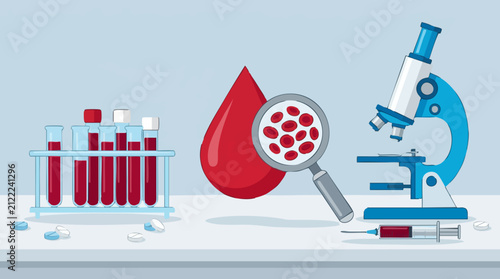 Bild auf Leinwand Medical blood analysis concept with laboratory equipment and red blood cells