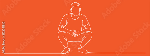 Continuous Line Drawing of a Squatting Man on Orange Background