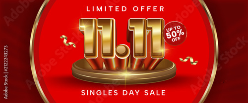 Luxury 11.11 Singles Day Sale Horizontal Web Banner with Golden 3D Typography

Short Description