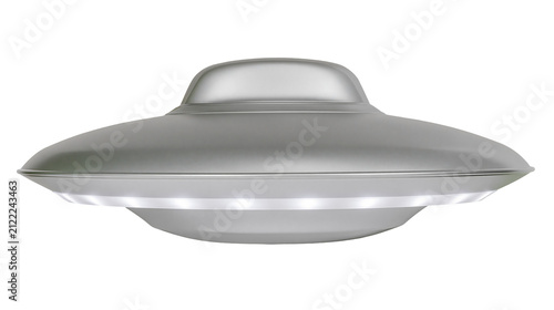 Fotografie Silver metallic flying saucer with dome cockpit, isolated on transparent backgro