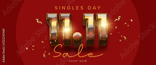 Elegant 11.11 Singles Day Sale Horizontal Web Banner with Luxury Golden 3D Text