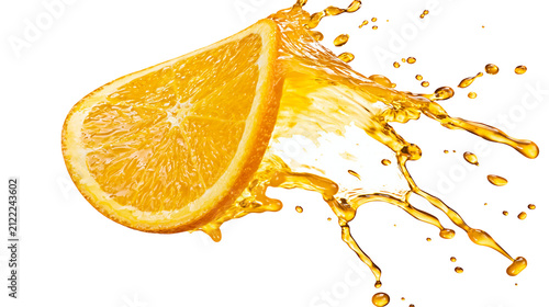 Foto Orange slice splashing golden juice, isolated on transparent background