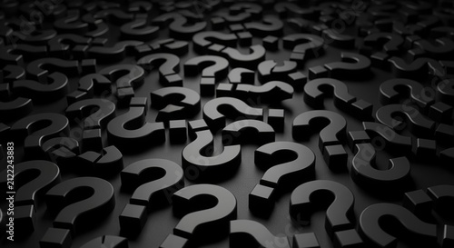 A 3D field of black and gray question marks creating depth through shadows and perspective. Perfect for topics like uncertainty, confusion, curiosity, problem-solving, and FAQ sections.