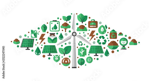 Renewable Energy and Sustainability Concept Illustration with Flat Icons of Wind Turbine, Solar Panels, Recycling, and Green Ecology Elements on a White Background