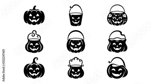 Collection of halloween pumpkin and ghost icons with spooky faces and festive themes