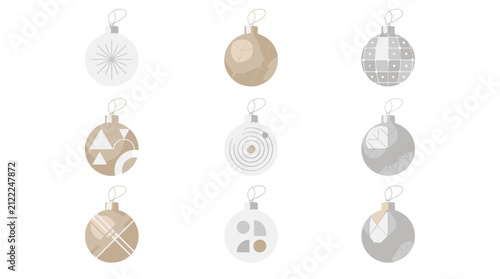 Set of nine christmas ornaments with various designs and neutral colors