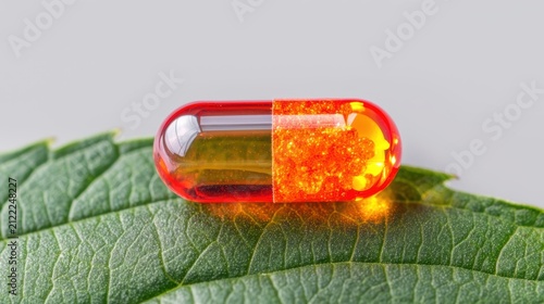 Colorful capsule on a green leaf.