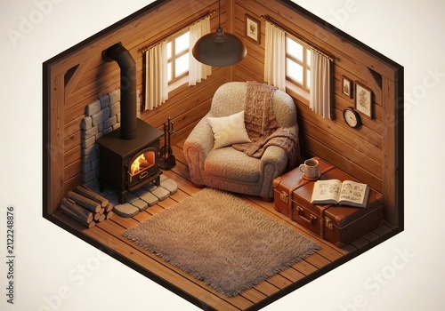 Cozy Log Cabin Corner: Warm glow from stove, plush armchair, inviting reads. Isometric 3D render.