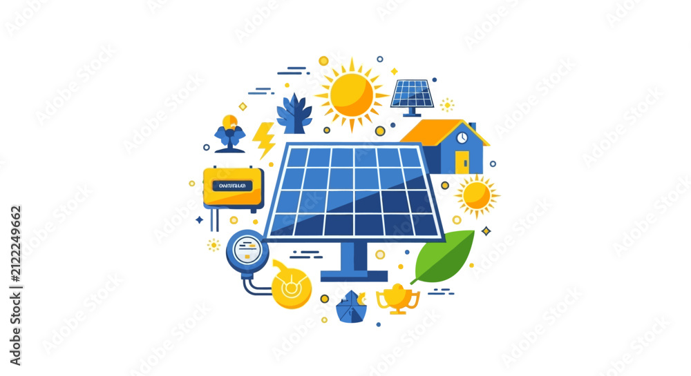 Fototapeta premium Solar Panel and Renewable Energy Icons Vector Illustration for Clean Power, Sustainable Home, and Green Technology Concept