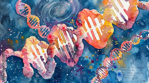 Colorful abstract illustration of hands holding dna helix strands in space