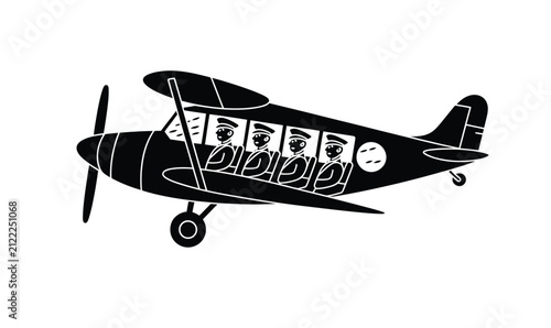 Vintage Propeller Airplane with Passengers Vector Illustrationin in Black Color with White Background.