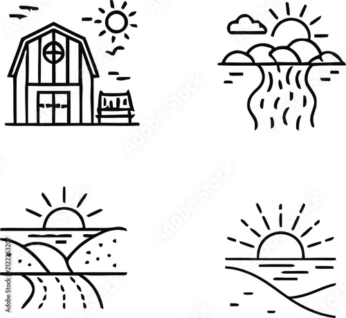 Minimal Nature Landscape Line Icons Set with Tropical Island Mountains Lighthouse and Seascape Outline Vector Collection for Travel Tourism and Outdoor Design