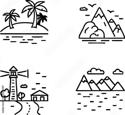 Minimal Landscape and City Line Icons Set with Mountains Sailboat Skyline and Nature Outline Vector Collection for Travel Map Navigation and Outdoor Design