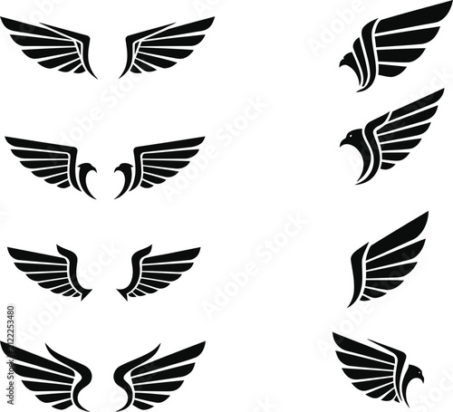 Set of Bird Wings Silhouettes Vector Collection with Eagle Hawk Falcon Dove and Feather Wing Icons for Tattoo Logo Nature and Flying Design Illustration