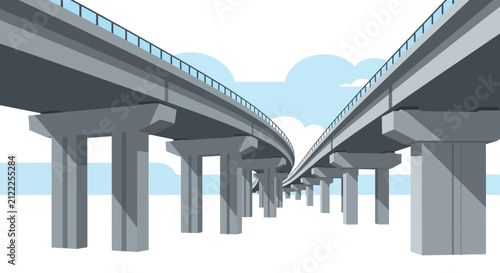Modern elevated concrete highway bridge infrastructure flat vector illustration showing parallel overpasses and pillars under a blue sky