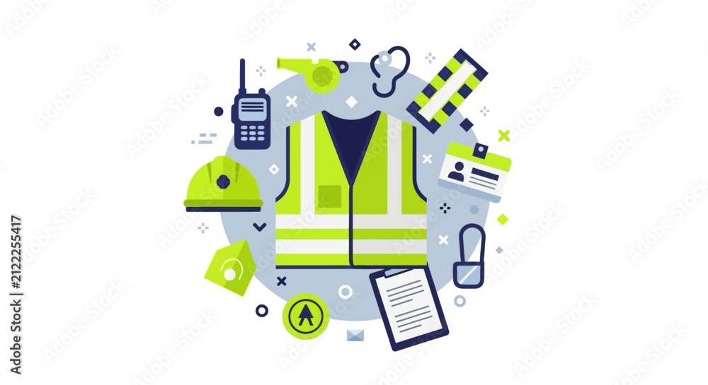 Fototapeta premium Occupational Health and Safety (OHS) Flat Vector Illustration with Personal Protective Equipment (PPE) Icons Including High-Visibility Vest, Hard Hat, and Industrial Gear