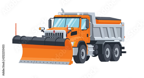 Orange Snow Plow Dump Truck Illustration Isolated on White. Vector Graphic of a Heavy Duty Winter Service Vehicle for Road Maintenance, Snow Removal, and Municipal Works.