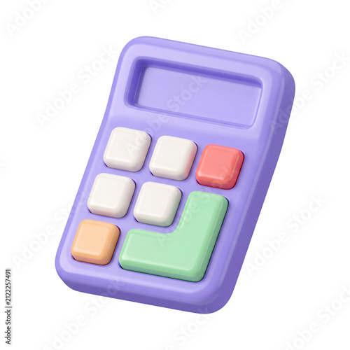 3D purple calculator icon with colorful buttons rendered on a transparent background perfect for financial management user interface accounting budget and educational design projects