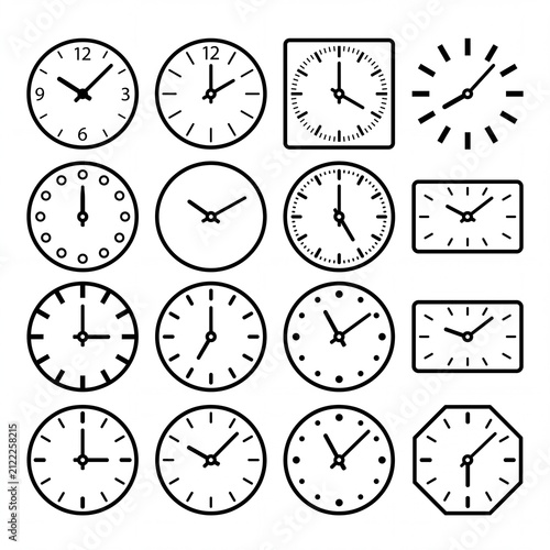 Set of diverse clock face icons minimalist line art vector design elements for time management apps and web interfaces