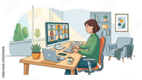 Woman working from home on a computer having a video conference call in her cozy office room
