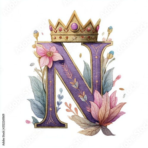 Elegant Initial N Letter Monogram Floral Crown Watercolor Design Luxury Wedding Invitation Art