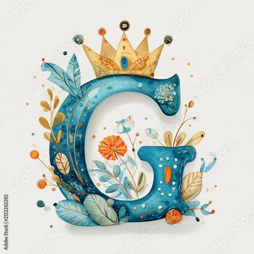 Elegant Watercolor Initial G with Crown and Floral Elements