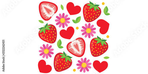 Strawberry pattern flat vector illustration with hearts, flowers, leaves, seeds, colorful design, cheerful artwork, vibrant fruit decorative style