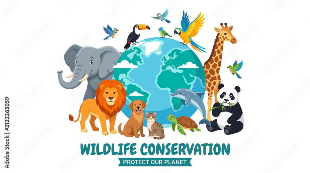 Fototapeta premium Wildlife species surround a central blue globe illustration representing global conservation efforts to protect diverse animal habitats and ensure the safety of our natural environment for future.